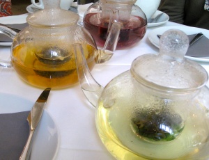 T had mint tea (foreground), D had jasmine (middle), C had wild berry (background). F and I shared the best Earl Grey tea I've ever had.