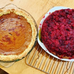 Pumpkin pie & cranberry cake: F made them this year.